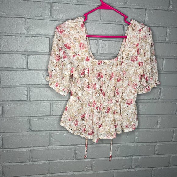 Lulumari Floral Eyelet Corset Style Puff Sleeve Chiffon Semi Sheer Blouse Med - Picture 6 of 12